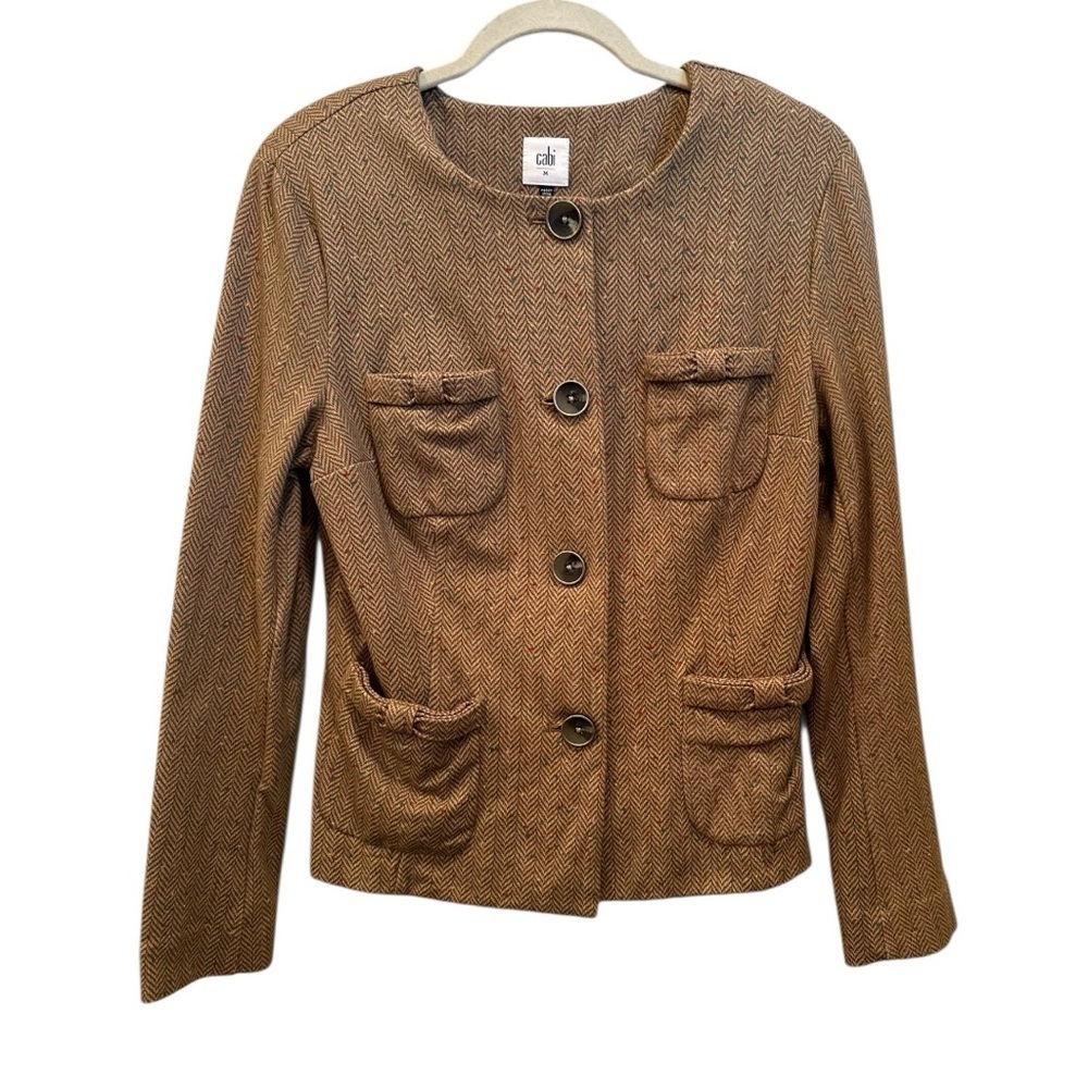 CAbi Women's Brown Herringbone Blazer Speckled Neutral Preppy Bows Sz M